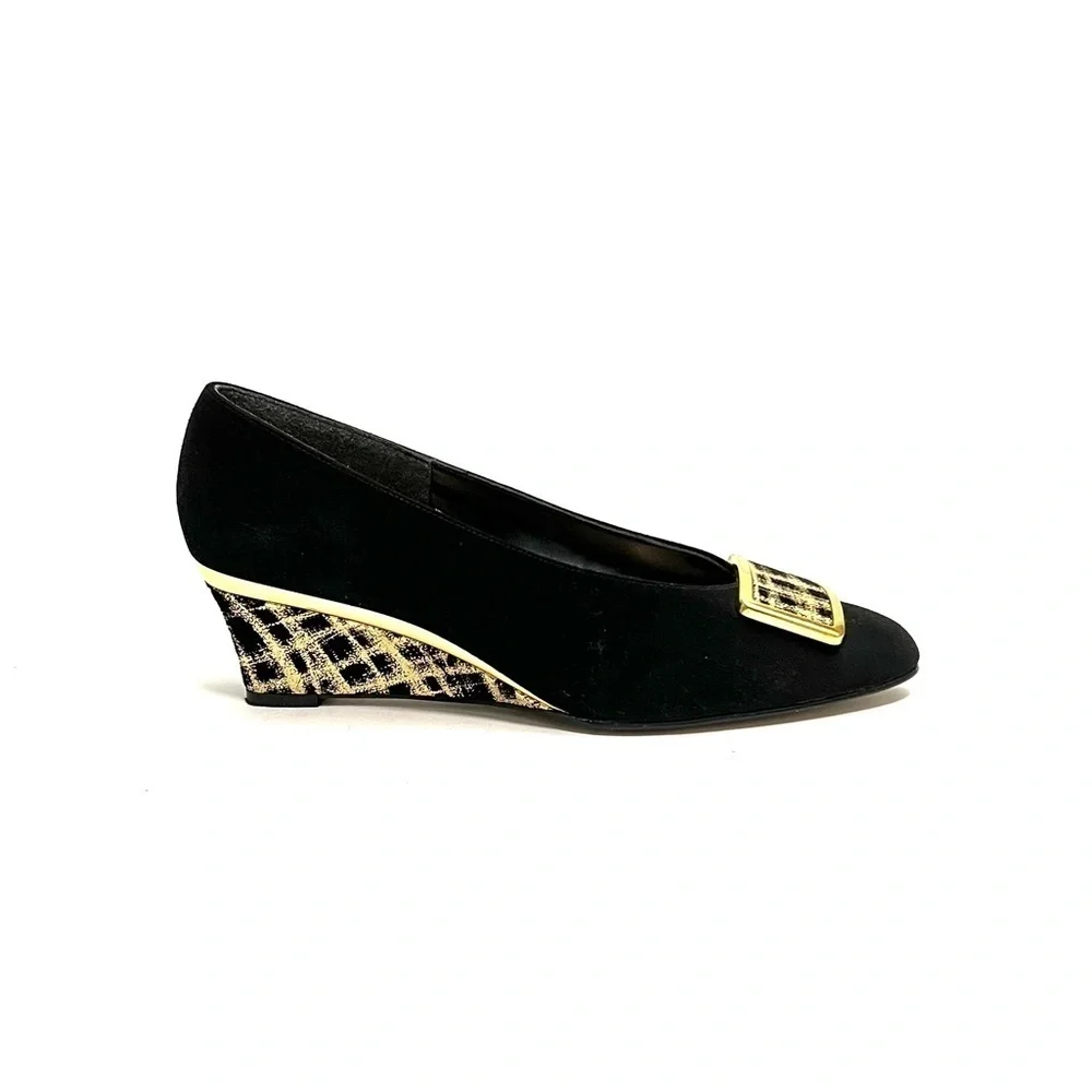 Vintage 1970s black suede oversize buckle gold painted wedge heels